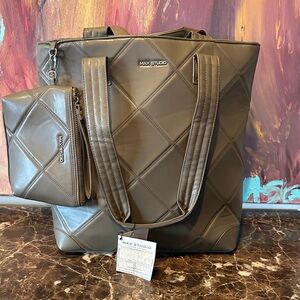 Max Studio Taupe 18 inch double handle Quilted Tote and Pouch Set
